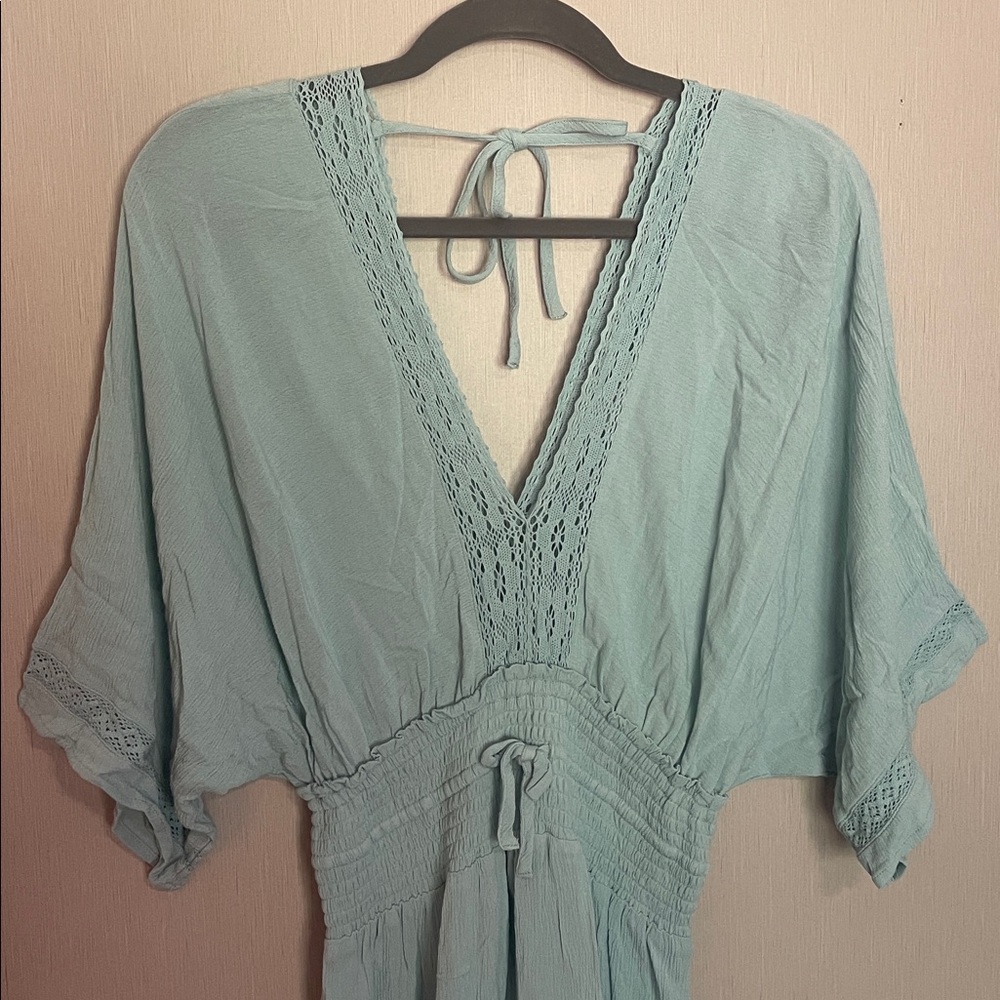 Lovestitch small blue lace crochet smocked dress rayon v neck tie back - Picture 3 of 8